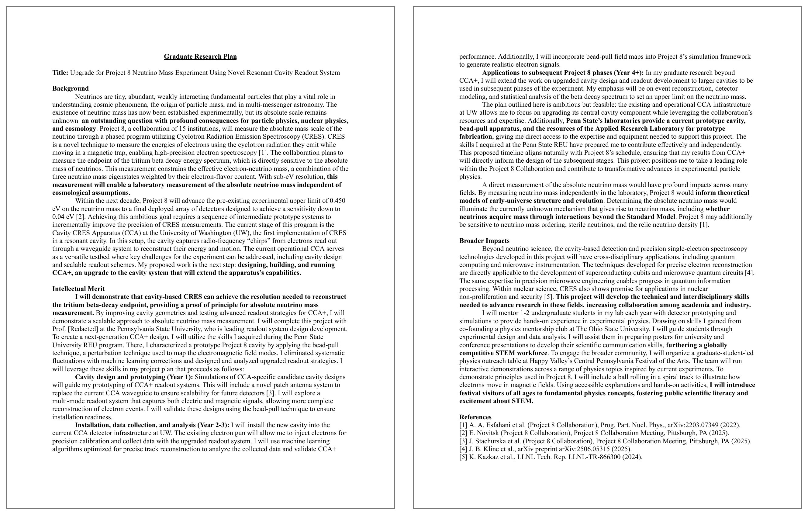 Two pages of a winning NSF GRFP Graduate Research Plan proposing CCA+, an upgraded resonant-cavity readout for the Project 8 neutrino mass experiment. It has a title line, then bold headings for Background, Intellectual Merit, and Broader Impacts, a year-by-year plan with bold run-in labels, key sentences in bold, and a short numbered reference list.